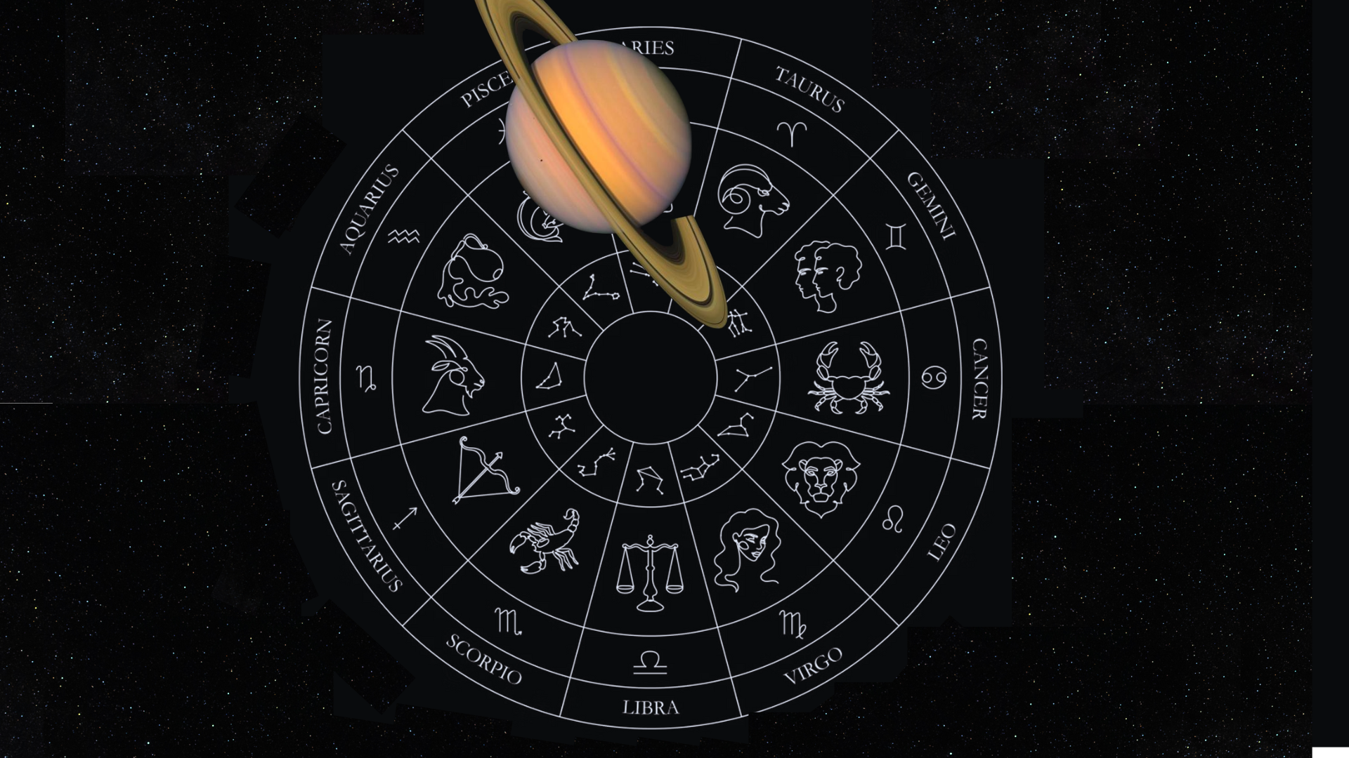 A photo of the planet Saturn in retrograde juxtaposed onto an illustration of a zodiac circle