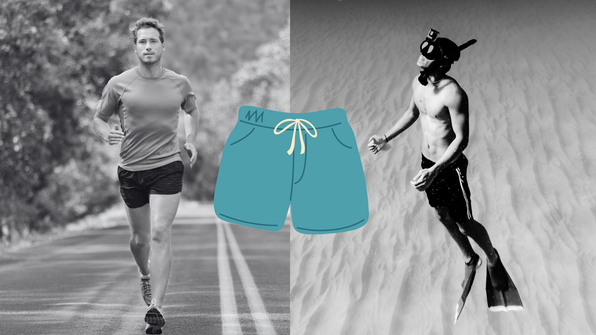 A man running and another man scuba diving and both of them are wearing amphibian shorts