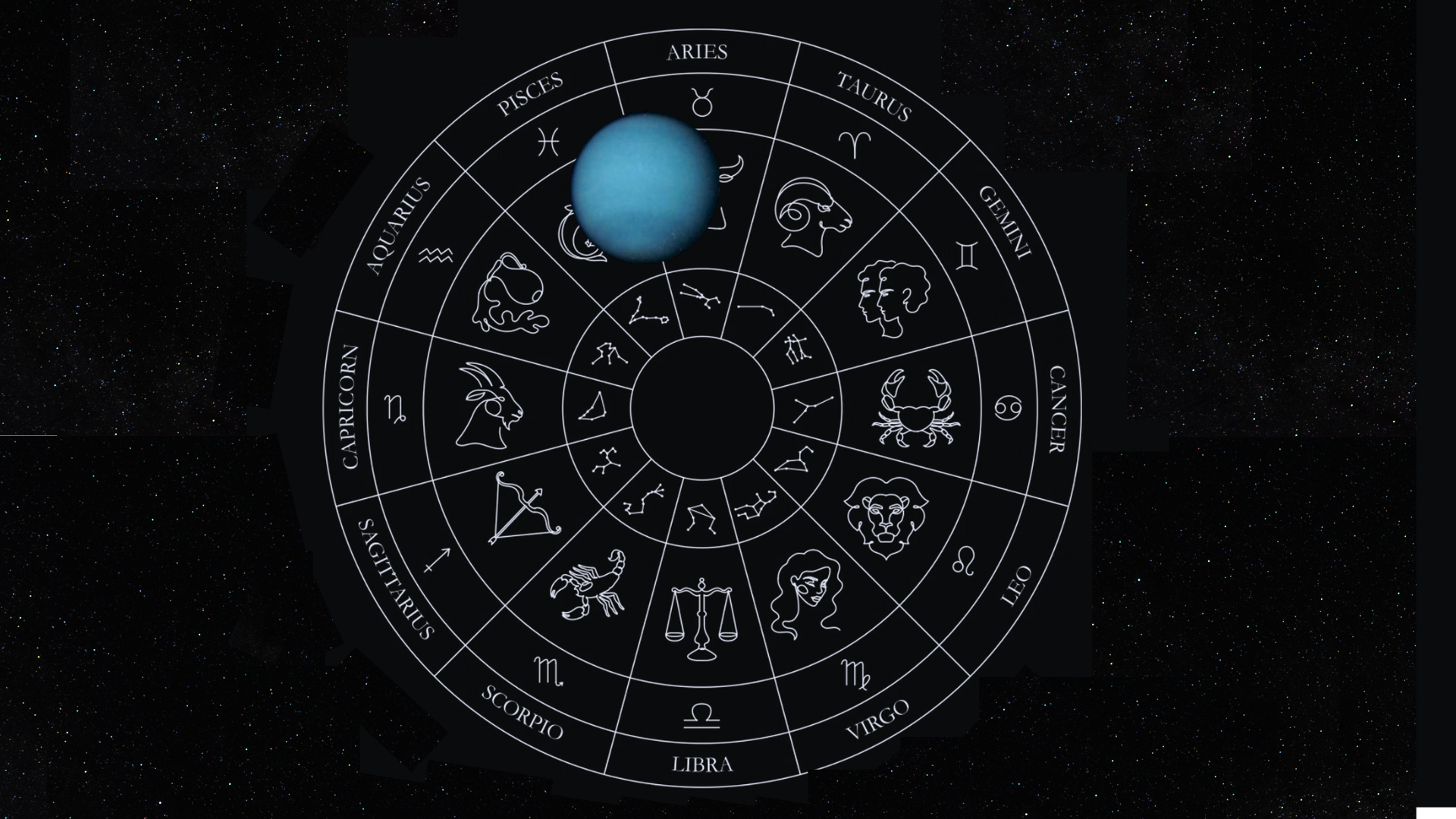 A photo of Neptune in retrograde juxtaposed onto an illustration of the zodiac straddling Pisces and Aries.