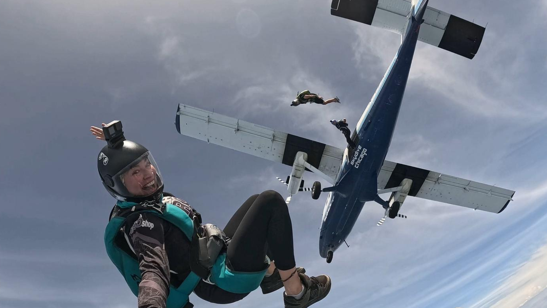 Yoga teacher Lisa Bermudez after jumping out of an airplane while skydiving