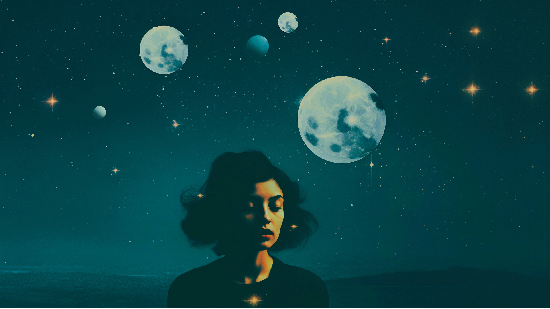 Illustration of a woman against a backdrop of the astrological sky contemplating the 2025 numerology