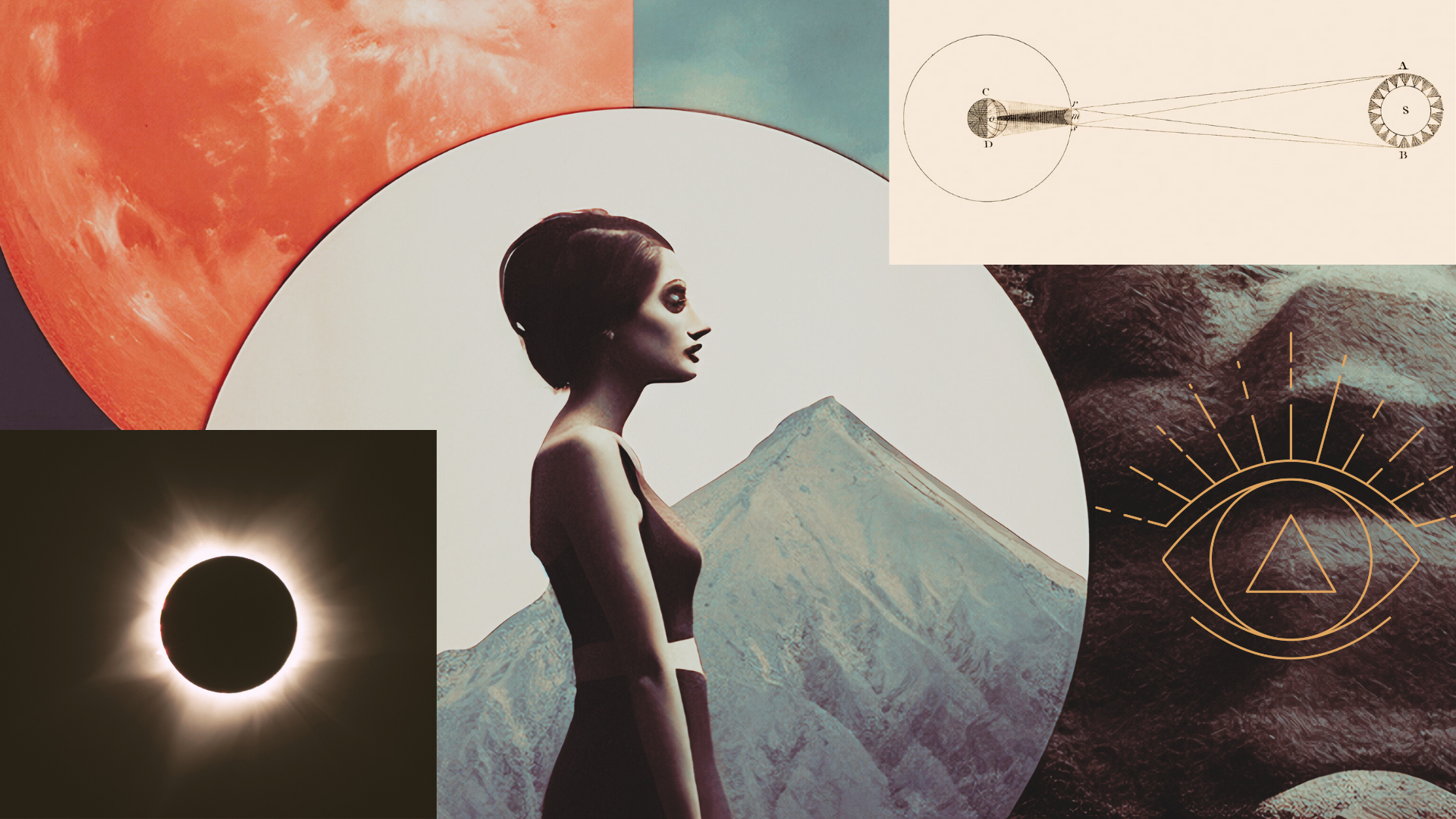 Photo illustration collage of a woman standing near a mountain, a lunar eclipse, and the Moon representing eclipse season 2025