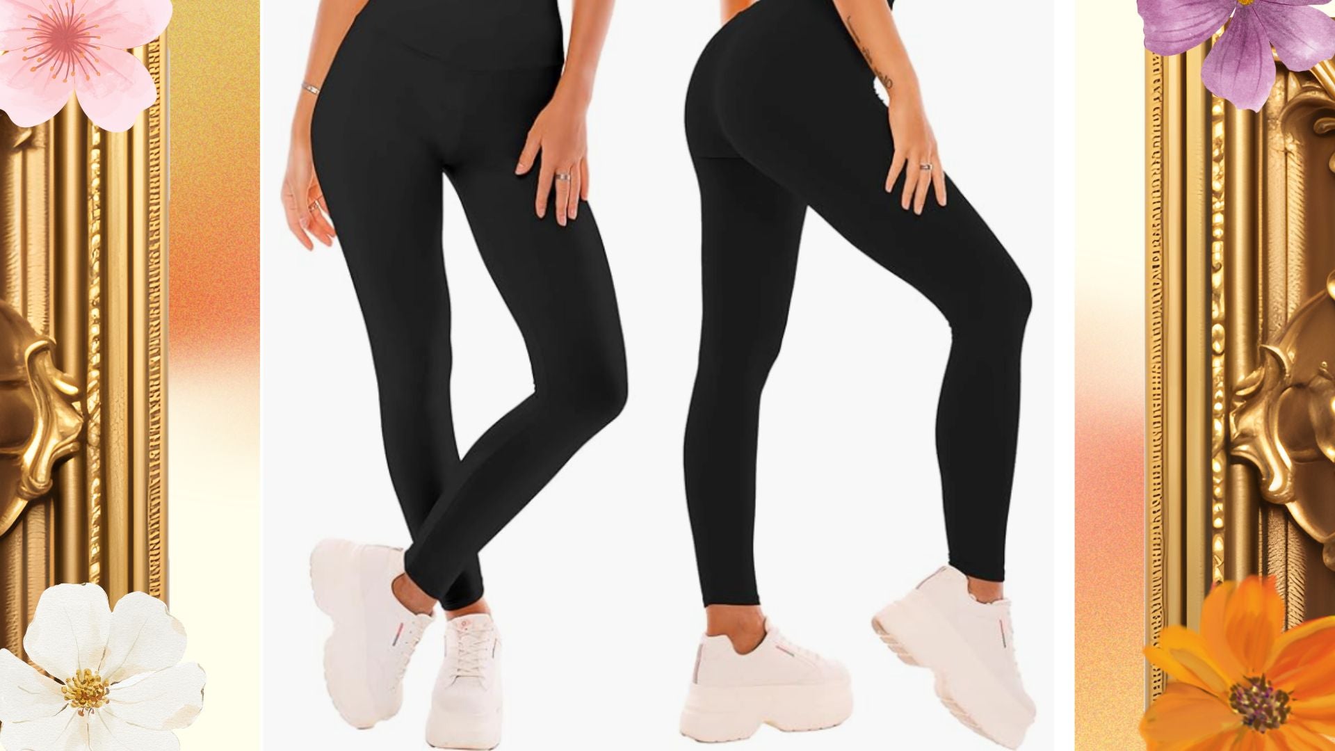 Amazon prime day deal Saniphont leggings surrounded by gold photo frame and illustrated flowers.