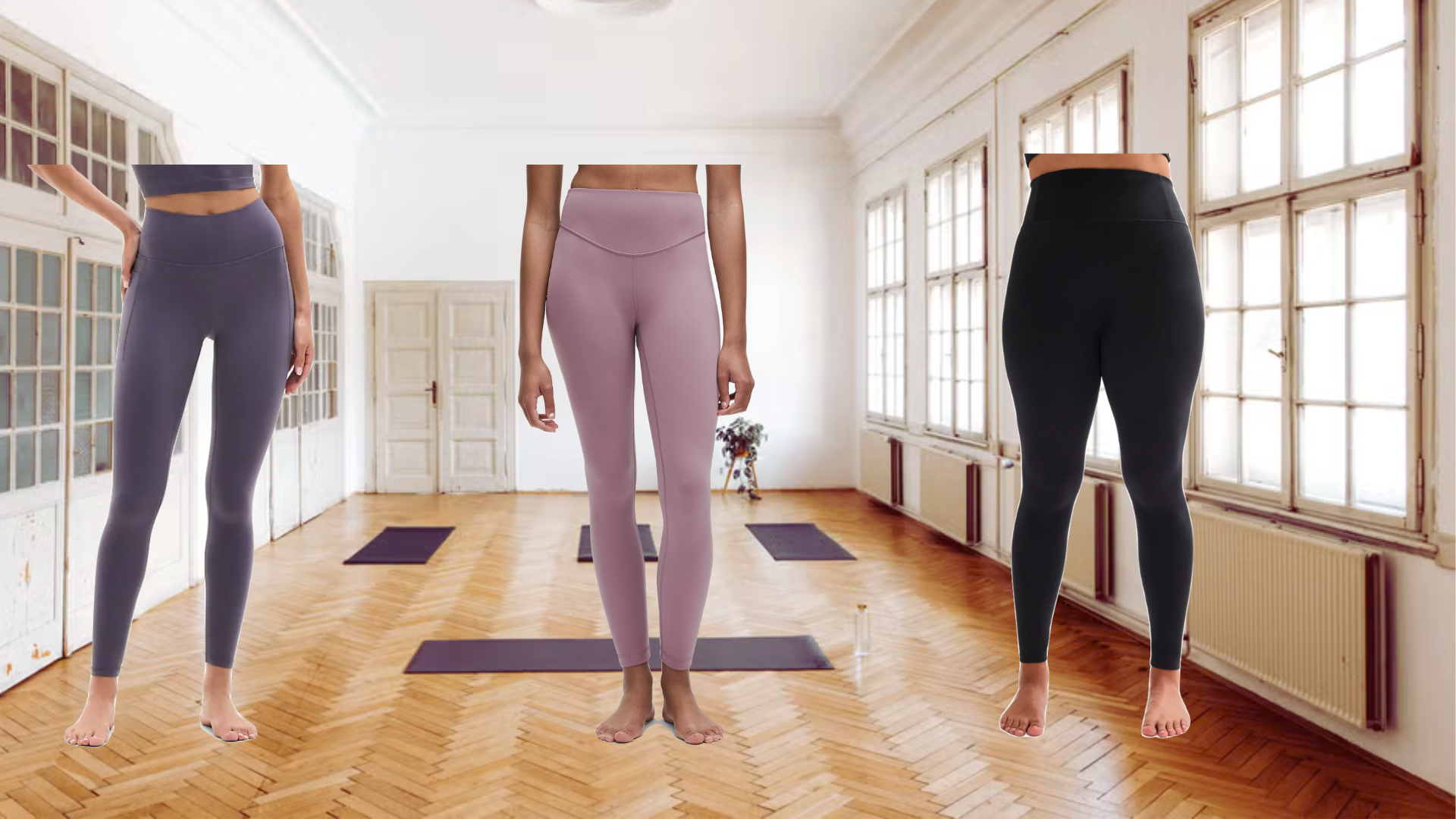 Image of a yoga studio with 3 pairs of different lightweight yoga pants overlaid on top