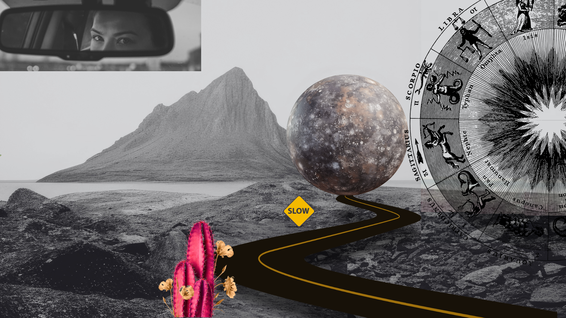Photo collage of a mountain and a road leading to Mercury retrograde with the zodiac circle and a rearview mirror