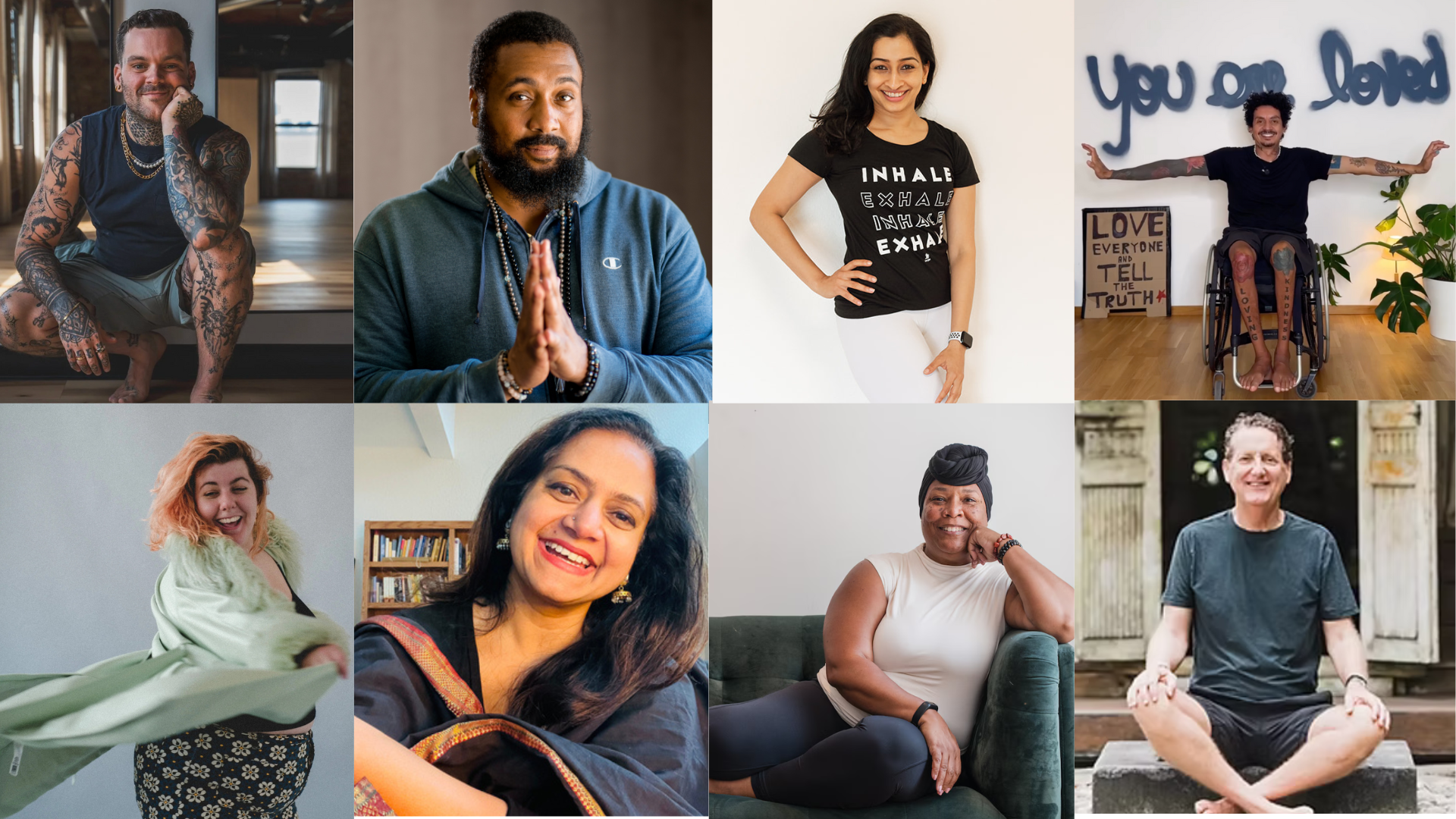 A collage of 8 photos of various yoga teachers of 2025